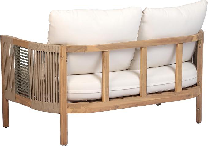 Christopher Knight Home Outdoor Acacia Wood Loveseat with Coffee Table, Acacia Wood Patio Furniture, Outdoor Conversation Sofa Set, Patio Sectional Chat Set for Backyard Balcony, Teak+ Beige