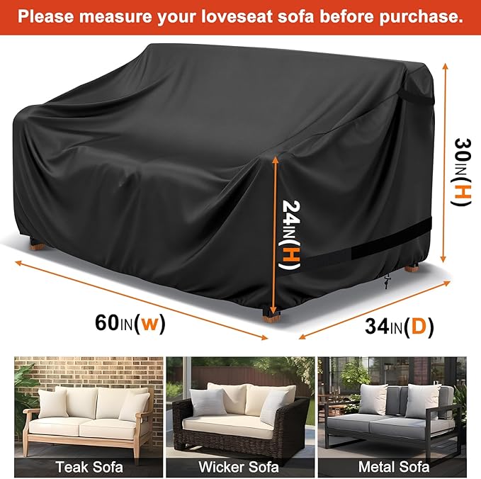LBTING Patio Loveseat Cover, Outdoor Sofa 2-Seater Couch Covers 60W x 34D x 30H Inches, 420D Waterproof Windproof Dust-proof UV-Resistant Furniture Bench Cover - Black