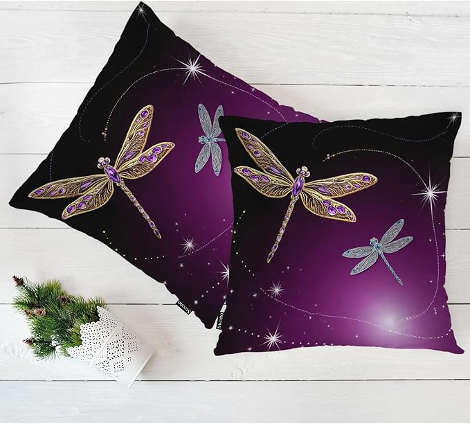 Swono Pillow Covers 18X18 Inch Set of 2 Dragonfly, Throw Pillow Cases Gold Silver Dragonflies Diamond Pillowcase Cushion Cover Decorative for Indoor Outdoor Home Sofa Bedroom Livingroom