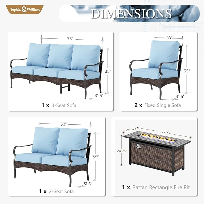 Sophia & William Patio Furniture Set with Fire Pit Table, 5 PCS Metal Outdoor Conversation Set with Fire Pit Table, 2 Sofa Chairs,1 Loveseat, 3-Seater Couch for Outdoor Seating, Backyard, Porch(Blue)