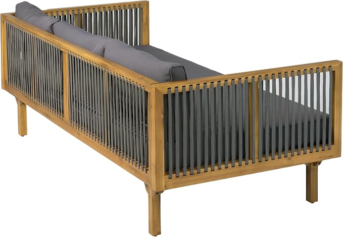 Christopher Knight Home Clarie Patio Sofa and Coffee Table Set, 2 Piece Outdoor Patio Furniture Set with Cushion, Acacia Wood 3 Seater Outdoor Sofa Daybed and Coffee Table Set, Dark Gray+Teak
