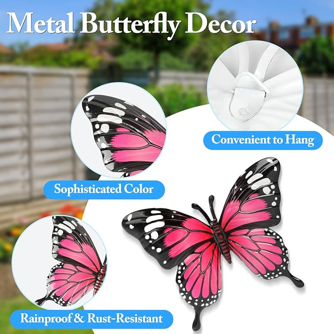 4 Pack Metal Butterfly Decorations, 6.7 in Butterfly Wall Art Sculpture Hanging Decor, Metal Butterflies Outdoor Decor for the Garden, Patio, Fence, Home, and Yard