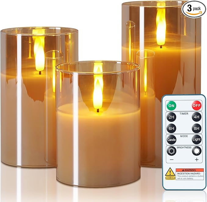5plots Glass Battery Operated Gold Flameless Candles with Remote Timer, 3D Wick Real Wax Pillar Led Candles Warm Flickering Light for Indoor Home, Halloween, Christmas Decor, Set of 3, D3 x H4 5" 6"