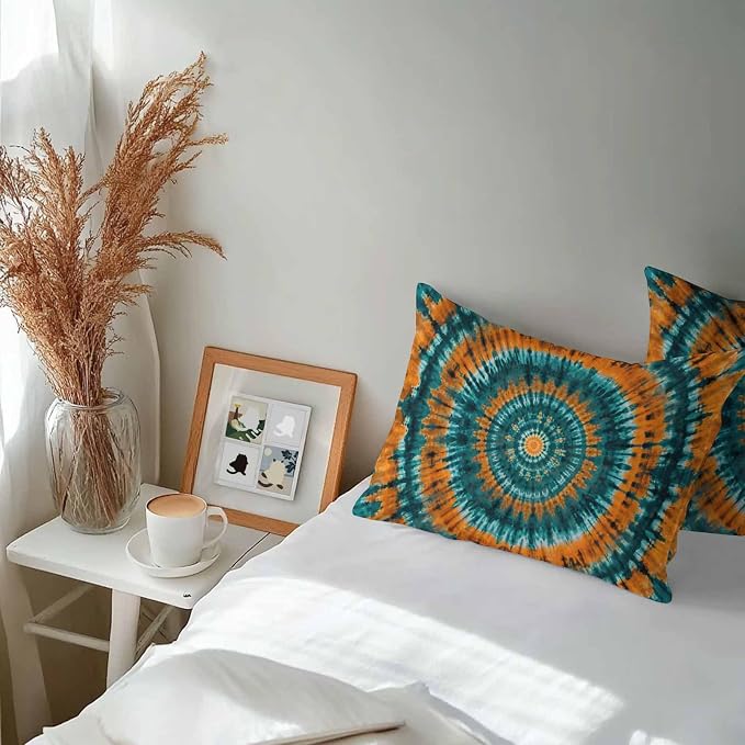 Vandarllin Outdoor Throw Pillows Covers 20x12 inch Set of 2 Waterproof Turquoise Orange Tie-Dye Art Decorative Zippered Cushion Covers for Patio Furniture, Abstract Boho Tribe Lumbar Pillowcases