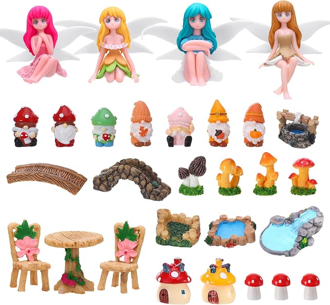 29Pcs Fairy Garden Accessories, Miniature Garden Ornaments Landscape Decorations Mini Fairy Figures Gnome Figure Animal Plant Furniture Set for DIY Terrarium Potted Plants Dollhouse Desk Decor