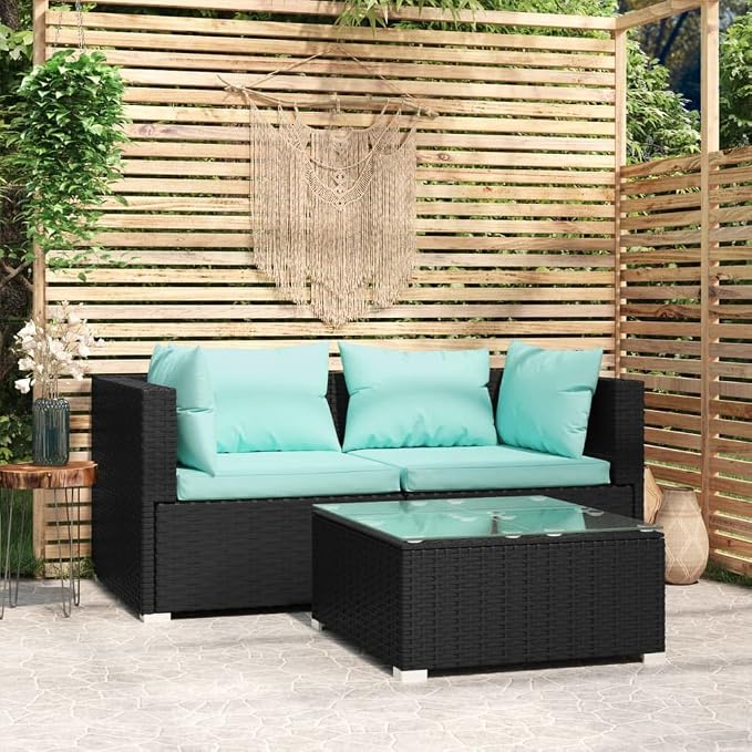 Patio Lounge Set with Cushions,Outdoor Patio Furniture,Conversation Furniture,Patio Furniture Sets,for Terrace,Garden,Backyard,3 Piece Black Poly Rattan