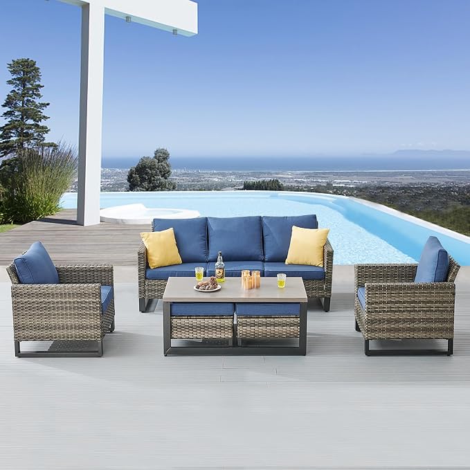 Belord 6 Piece Outdoor Furniture Patio Wicker Sofa Set, Oversize Outdoor Dining Chairs with Rattan Ottomans, Conversation Sets Patio Furniture Come with Removable Washable Cushion Blue