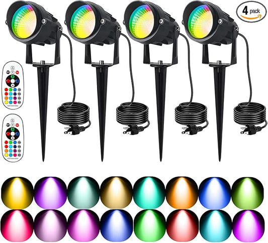 RGBW Spot Lights Outdoor, 12W Color Changing Landscape Lighting, IP65 Waterproof Outdoor Spotlight with 120V Plug in & Remote for House Garden Path Tree Patio Lawn Decoration （4 Pack