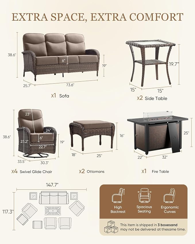 Belord Upgraded 6“ Cushion Luxury 10 Piece Patio Furniture Set with Fire Pit Table - Outdoor Couch & High Back Swivel Rocker Patio Chairs Set, Wicker Outdoor Furniture for Deck Porch Yard - Brown/Grey