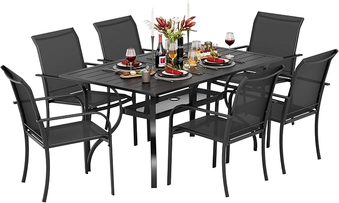 Incbruce 7 Pieces Outdoor Dining Set, Patio Metal Dining Set of 6 Textilene Chairs and Rectangle Table with Umbrella Hole for Lawn, Garden, Porch and Backyard (Black)