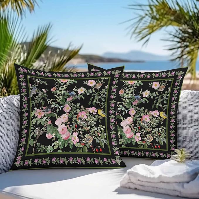 Vandarllin Outdoor Throw Pillows Covers 18x18 inch Set of 2 Waterproof Pink Floral Bird Decorative Zippered Cushion Covers for Patio Furniture, Green Leaves Branches Black Lumbar Pillowcases