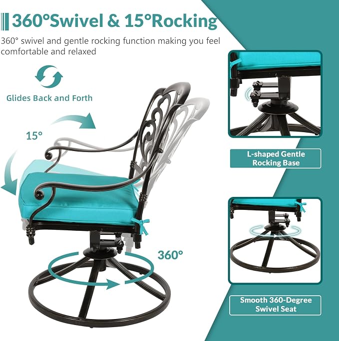 MEETWARM 9-Piece Outdoor Patio Dining Set, All Weather Cast Aluminum Patio Funiture Table and Chairs Set- 94.5” Rectangular Table and 2 Swivel Rocker Chairs, 6 Stationary, Umbrella Hole, Ocean Blue