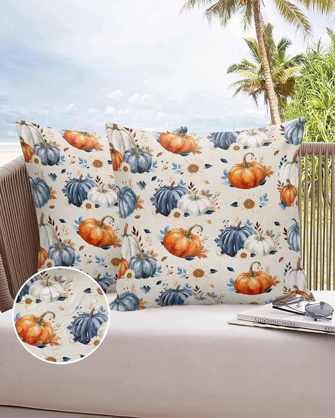 Fall Outdoor Throw Pillows Covers 26x26 inch Set of 2 Waterproof Orange Blue White Pumpkin Zippered Cushion Covers for Patio Furniture, Autumn Maple Leaf Flowers Linen Thanksgiving Lumbar Pillowcases