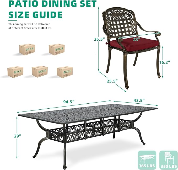 VIVIJASON 9-Piece Outdoor Dining Set, Cast Aluminum Retro Patio Furniture Table and Chairs Set for 8, Include Large 94.5" Rectangular Dining Table and 8 Chairs with Umbrella Hole, Red Cushion