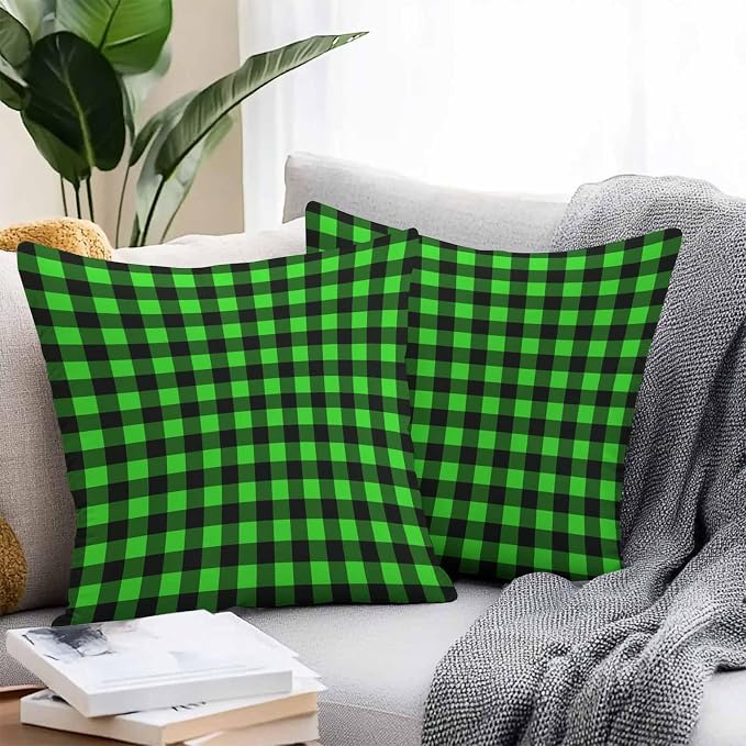 Outdoor Waterproof Throw Pillow Covers Set of 2 Green Buffalo Plaid Pillowcases 24x24 Inches Pastoral Black Checked Decorative Pillows Cushion Case Patio Pillows for Couch Bed Chair Garden