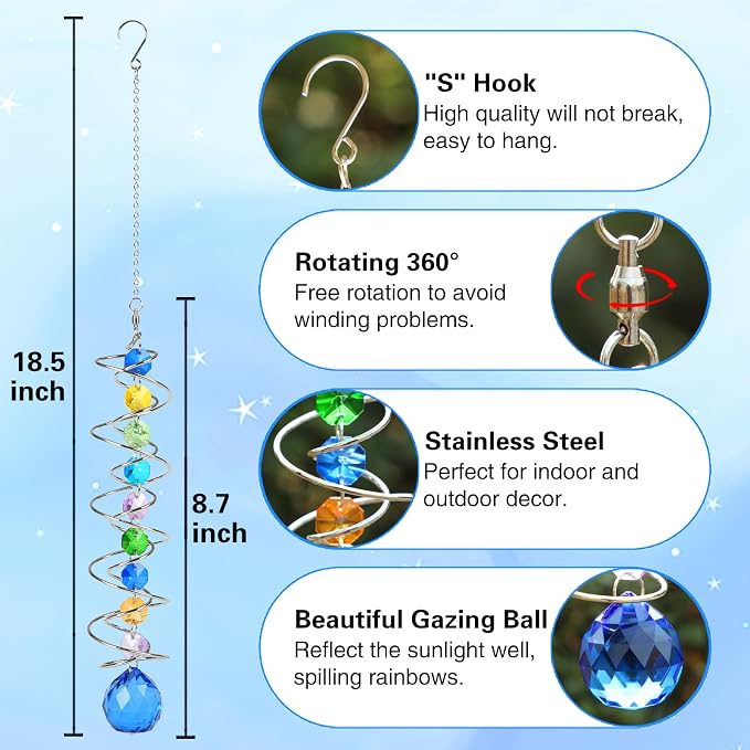 GWAHSA Sun Catchers Gazing Ball Spiral Tail Wind Spinner with Crystal Suncatcher for Hanging Ornaments Decorative Indoor Outdoor Windows Prism Rainbow Maker Car Mirror Home Yard Garden Decor