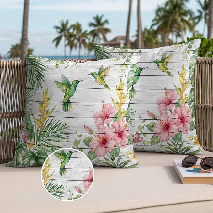 Hummingbirds Hibiscus Outdoor Waterproof Pillow Covers Pack of 2, Birds Botanical Tropical Plant Wood Grain Throw Pillowcases Decorative Cushion Covers for Garden Patio Tent Sofa Couch, 26x26 inch