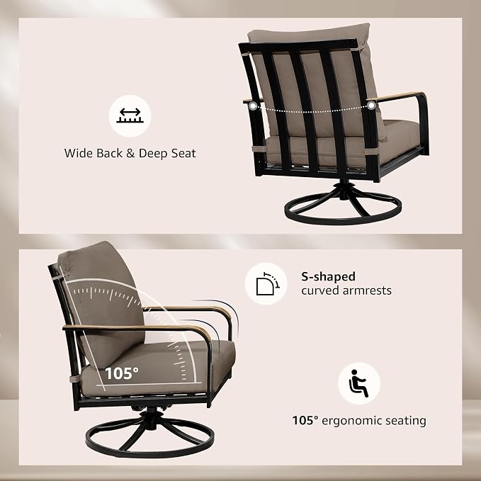 NATURAL EXPRESSIONS Patio Furniture Sets,Modern Metal Outdoor Conversation Sofa Set with 4 Pc High Back Swivel Rocking Chairs,Anti-Scald Armrest,Double-Deck Wooden-GrainTable, 6" Cushions for Balcony