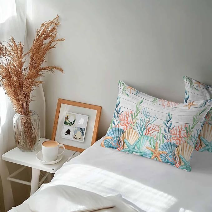 Lumbar Pillow Covers 20x12 Inch Set of 2, Summer Coastal Waterproof Outdoor Pillow Covers, Nautical Sea Coral Shell Starfish Wood Gray Decorative Cushion Pillowcases for Couch, Sofa, Bed, Patio