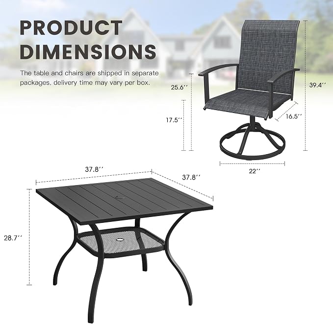 5 Pieces Patio Dining Set, Outdoor Furniture of 37.8" Square Patio Table and Patio Swivel Chairs for Backyard Lawn Garden, Black Table and Black Chairs