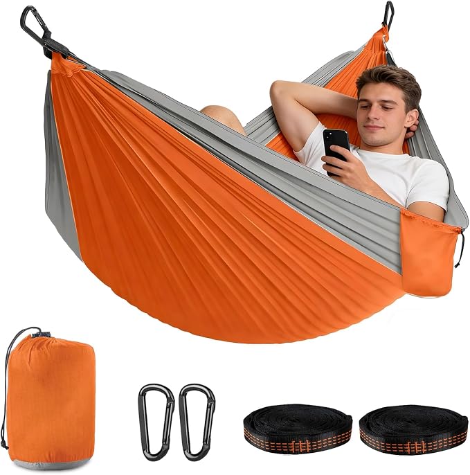 Adult Double Camping Hammock, 10ft x 6.5ft (300x200cm), Orange and Gray, 210T Nylon, 500 Lbs Weight Capacity, Portable with Storage Bag, d-Rings & Wide Straps, Breathable & Durable for Outdoor, Campin