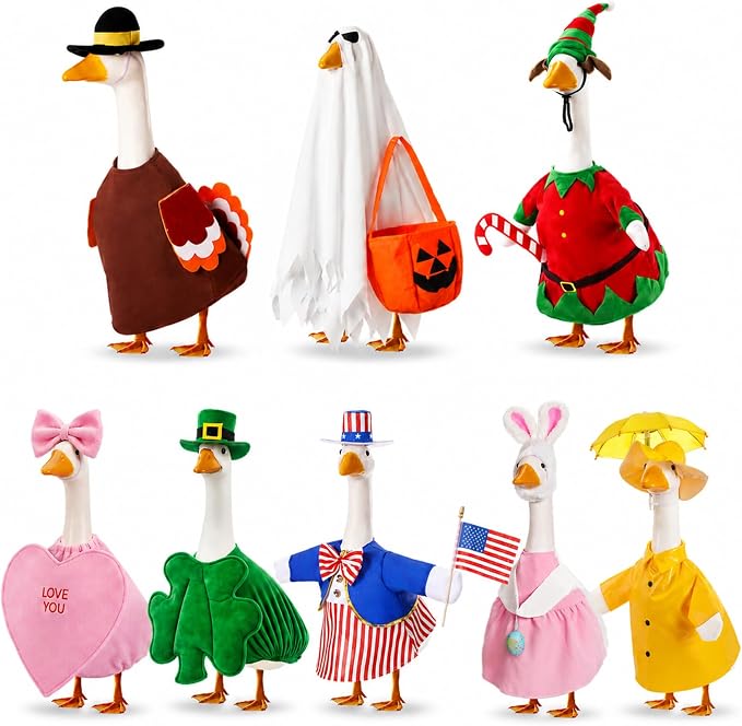 FuWeave 8 Set Holiday Porch Goose Outfits 17'' Goose Clothes Summer Fall Halloween Christmas Winter Thanksgiving Valentine St. Patrick Easter 4th of July Lawn Porch Geese Costume for Patio Yard Decor