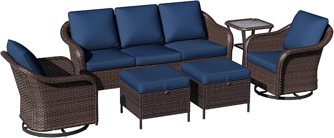 6 Piece Patio Wicker Conversation Set, All-Weather Use Outdoor Wicker Sofa with 2 PE Rattan Ottomans,2 Swivel Chair, 1 Side Table, Ideal for Porch, Backyard, Balcony, Poolside, Blue