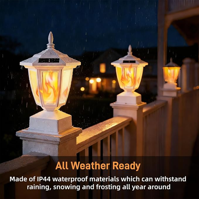 Dynaming 6 Pack Solar Flame Post Lights Outdoor, Solar Powered Lamps Fence Post Cap Lights, Flickering Flame LED Lantern Waterproof for Garden Deck Patio, Fit 4x4, 5x5 6x6 Wooden Posts, White Shell
