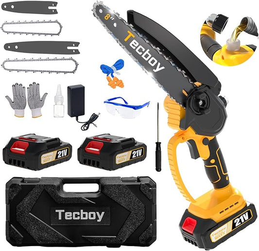 8 Inch Mini Electric Chainsaw Cordless, 6 Inch Portable Chain Saw for Makita 18V Battery Powered Saws Small HandHeld Saw with 2 Batteries Yard Tool Tree Trimming Wood Cutting Gifts Men Dad(GoldYellow)