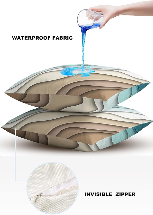 Modern Geometric Outdoor Waterproof Pillow Covers for Patio Furniture Decorative Throw Pillow Cover Teal Blue Brown Abstract Ocean Wave Pillowcases Set of 2 Cushion Case for Sofa Couch 18 x 18 Inches