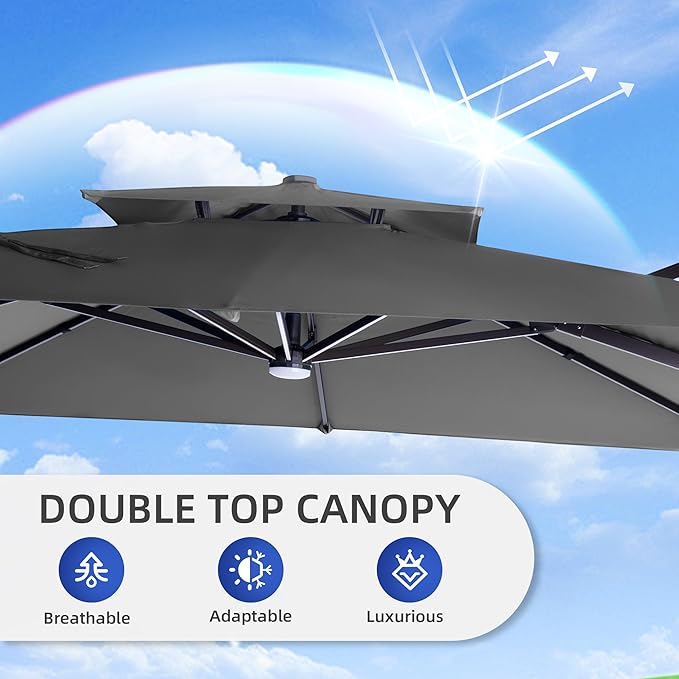 9 X 12 FT Cantilever Outdoor Patio Umbrella with Led Lights Heavy Duty Windproof Double Top Large Rectangle Offset Umbrellas with 360-degree Rotation for Garden Pool Deck Backyard, Grey