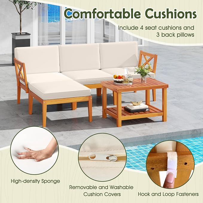 Tangkula L Shaped Outdoor Furniture Set, 5 Pieces Acacia Wood Patio Conversation Set, Modular Outdoor Lounge Sofa Set w/Cushions and Coffee Table for Garden, Backyard, Poolside