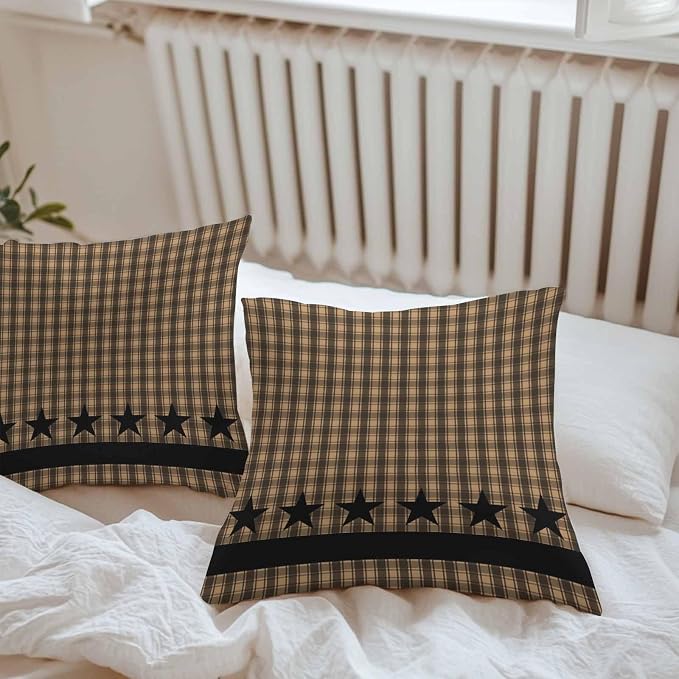 Brown Black Plaid Waterproof Outdoor Pillow Covers Set of 2 Home Decor Vintage Rustic Star Buffalo Check Pillowcase Patio Pillow Covers for Couch Bench Furniture Garden 20x20in