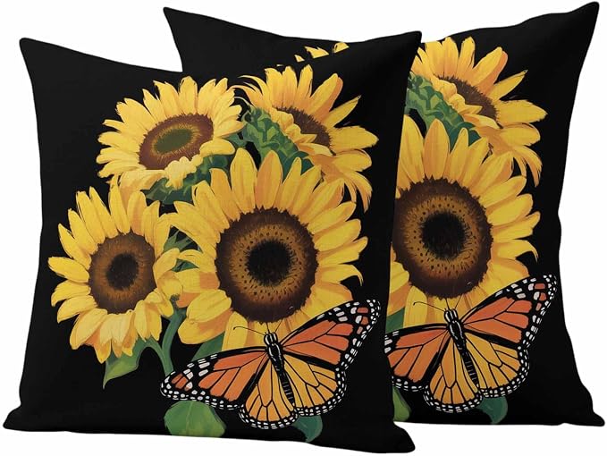 Outdoor Waterproof Throw Pillow Covers Set of 2 Watercolor Sunflower Pillowcases 20x20 Inches Summer Floral Butterfly Decorative Pillows Cushion Case Patio Pillows for Couch Bed Chair Garden