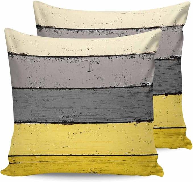 Outdoor Throw Pillow Covers 18X18 Set of 2 Waterproof Ombre Lemon Yellow and Gray Decorative Zippered Cushion Covers for Patio Furniture, Farmhouse Retro Rustic Barn Wood Texture Lumbar Pillowcases