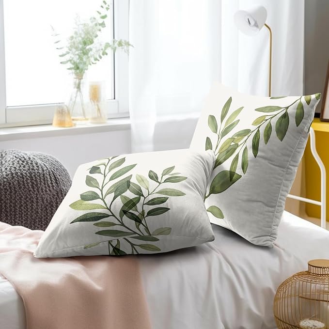 Sage Green Leaf Pillow Covers 22x22 Inch, Set of 2 Rustic Spring Summer Plants Leaves Cotton Square Pillowcases for Sofa Couch Bedroom Living Room Car Indoor Outdoor Home Decor