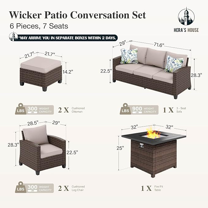 HERA'S HOUSE Wicker Patio Furniture Set, Outdoor Furniture with Fire Pit Table, 6 Pieces Patio Conversation Set with Ottomans, Outside Sofa Sets for Poolside Backyard, Beige