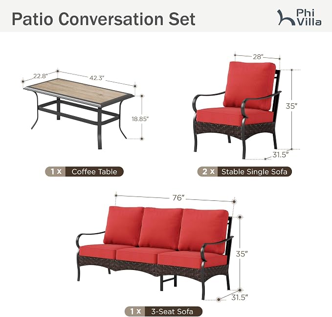 PHI VILLA Outdoor Modern Patio Furniture Set, Upgraded Wicker & Metal Patio Furniture Conversation Set with Waterproof Thick Cushions for Porch, Poolside, Yard (4 Pieces,Red)