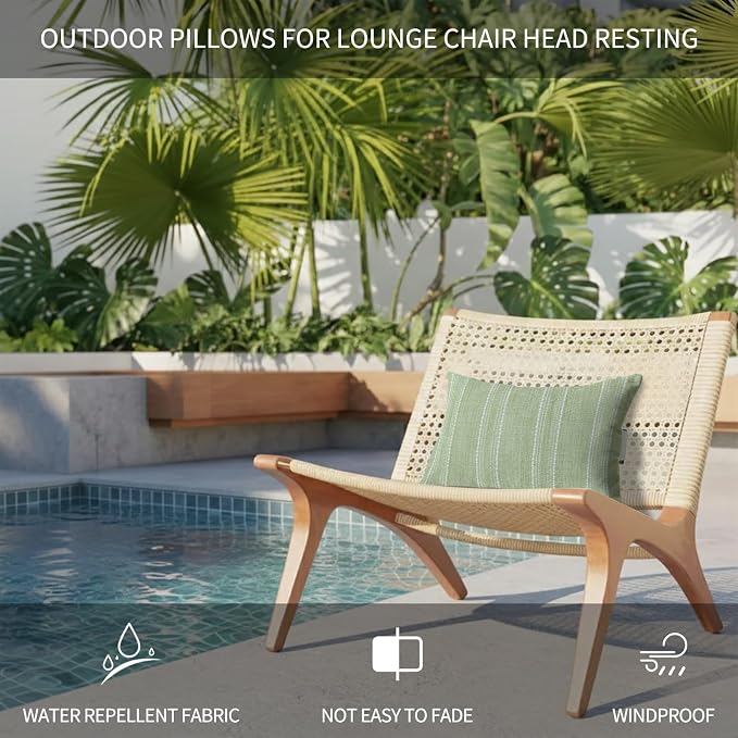 Farmhouse Outdoor Pillow for Chaise Lounge Chair Solid Green Linen Texture Vintage Waterproof Recliner Headrest Pillow Lumbar Pillows with Adjustable Elastic Strap for Beach, Pool, Patio(2 Pack)