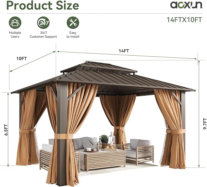 Aoxun 14’x10’ Outdoor Gazebo, Heavy Duty Canopy Pavilion with Ventilated Double Roof, Patio Pergola with Netting for Backyard, Garden, Deck (Brown)