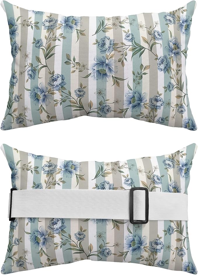 Outdoor Pillows Covers with Inserts Retro Blue White Flowers Grey Stripe Waterproof Recliner Pillow with Adjustable Strap Throw Pillows for Patio Furniture Pool Lounge Chair, 12x20 inch, 1PCS