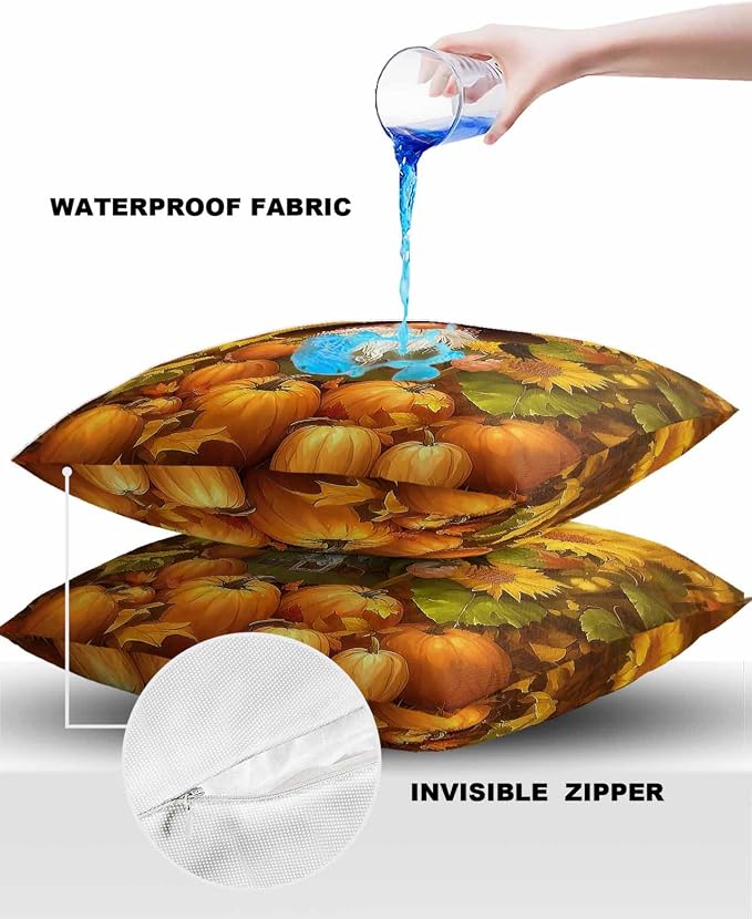 Outdoor Waterproof Throw Pillow Covers 24x24in, Fall Harvest Pumpkins Gnome Cushions for Garden Patio Furniture Chairs Set of 2, Thanksgiving Sunflowers Home Decor Couch Sofa Polyester Pillow Cases