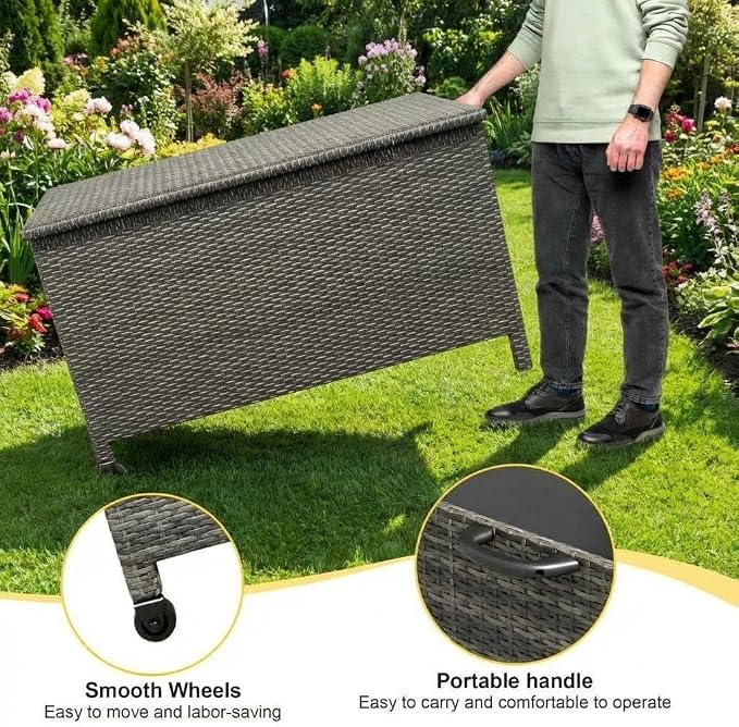 GarveeLife Medium Outdoor Wicker Storage Box, PE Rattan Patio Storage Chest with Steel Frame, Compact Deck Storage Box for Cushions, Toys & Outdoor Essentials – Brown Wicker