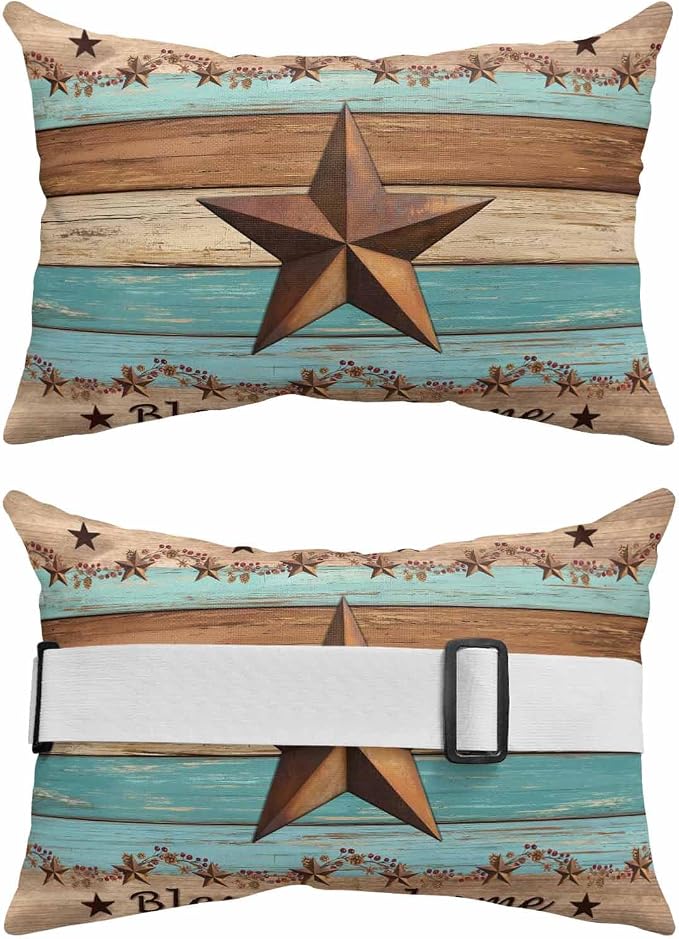 Western Texas Star Vintage Outdoor Pillows for Chaise Lounge Chair Lumbar Pillows with Insert&Adjustable Strap Beach Headrest Pillow Retro Farmhouse Turquoise Brown Wood Neck Pillow for Pool 12"x20"