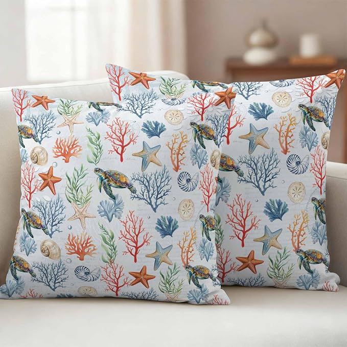 Summer Ocean Outdoor Waterproof Pillow Covers Pack of 2, Blue Nautical Sea Turtles Shells Corals Starfish Decorative Throw Pillowcases Cushion Covers for Garden Patio Tent Sofa Couch, 26x26 inch