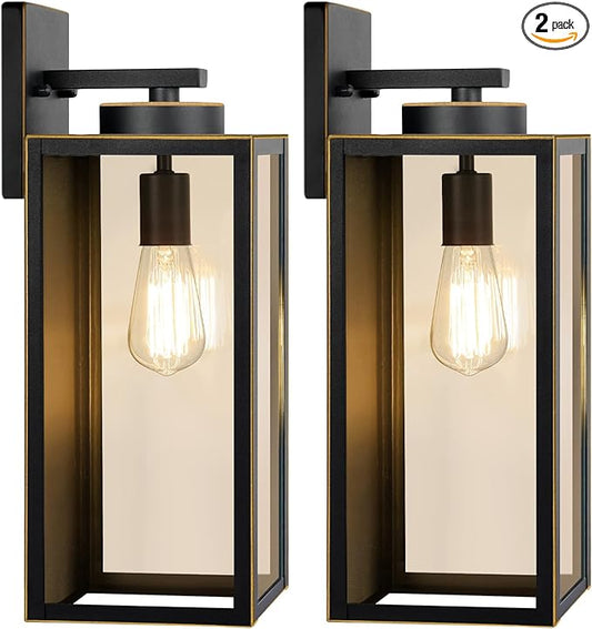 BesLowe 15’’ Large Outdoor Wall Lights, Porch Lights Black with Gold Trim | Waterproof Metal Construction, Rust-resistant, Quick & Easy Installation, Clear Glass Shades & Standard E26 Socket