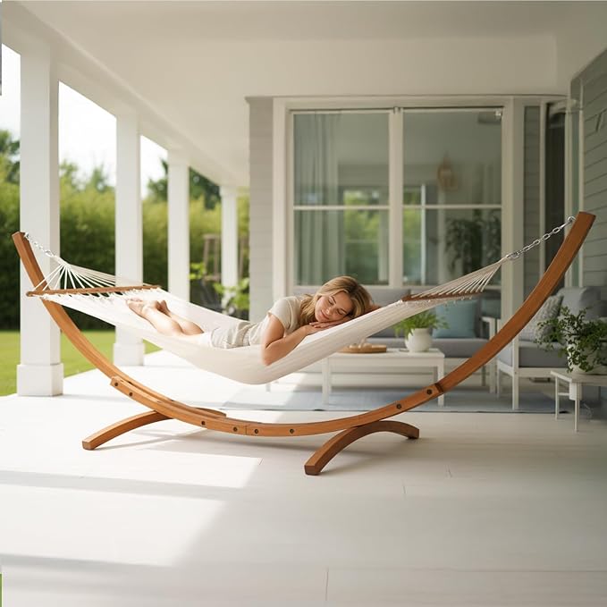 OnCloud Double Hammock Wood Arc Stand, Wooden Hammock W/Stand, Classic Natural Hammock Set for Yard, Garden (14 ft Set)