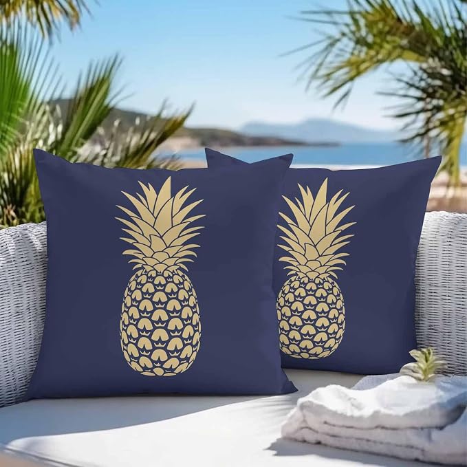 Yellow Pineapple Outdoor Waterproof Pillow Covers, Summer Fruits Navy Blue Decorative Square Throw Pillowcase Sofa Cushion Sham for Patio/Couch/Chair, 16"x16" 2 Pack