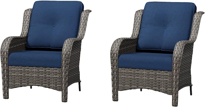 Patio Chairs Set of 2, Outdoor Wicker Patio Furniture Set with Thickened Olefin Cushions, High Back and Deep Seating, Wide Curved Armrest Hand-Woven PE Rattan for Porch, Deck, Blue