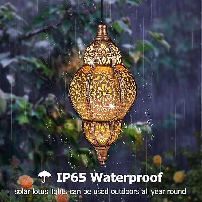 Hanging Solar Lantern Outdoor Decor, Moroccan Solar Lights for Outside Garden Decorations, Waterproof Lanterns Garden Gifts for Mom, Women, Patio, Yard Ornament
